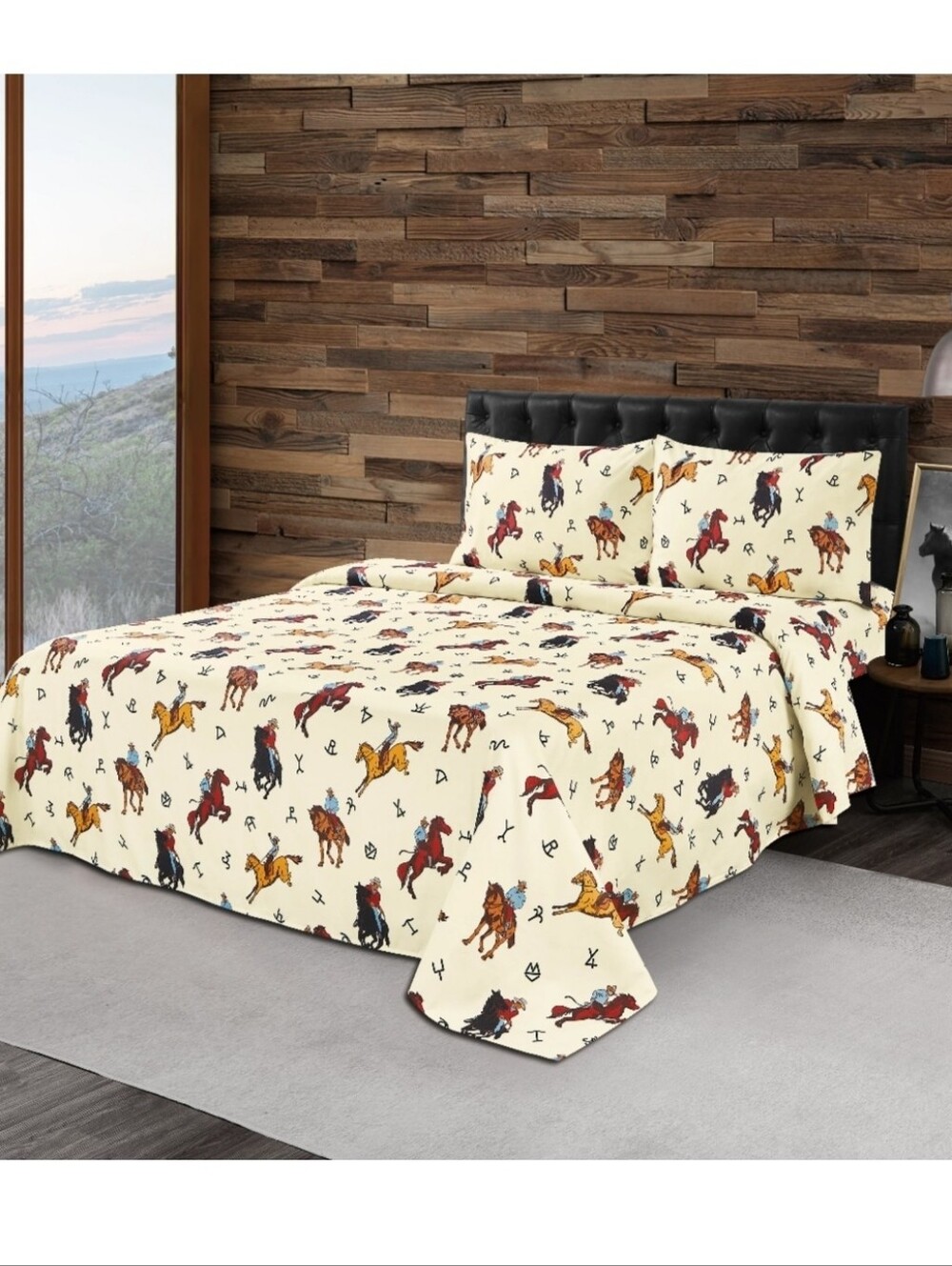 Western Linen King Size Egyptian Comfort Sheet Set - Cowboy Print, Cream